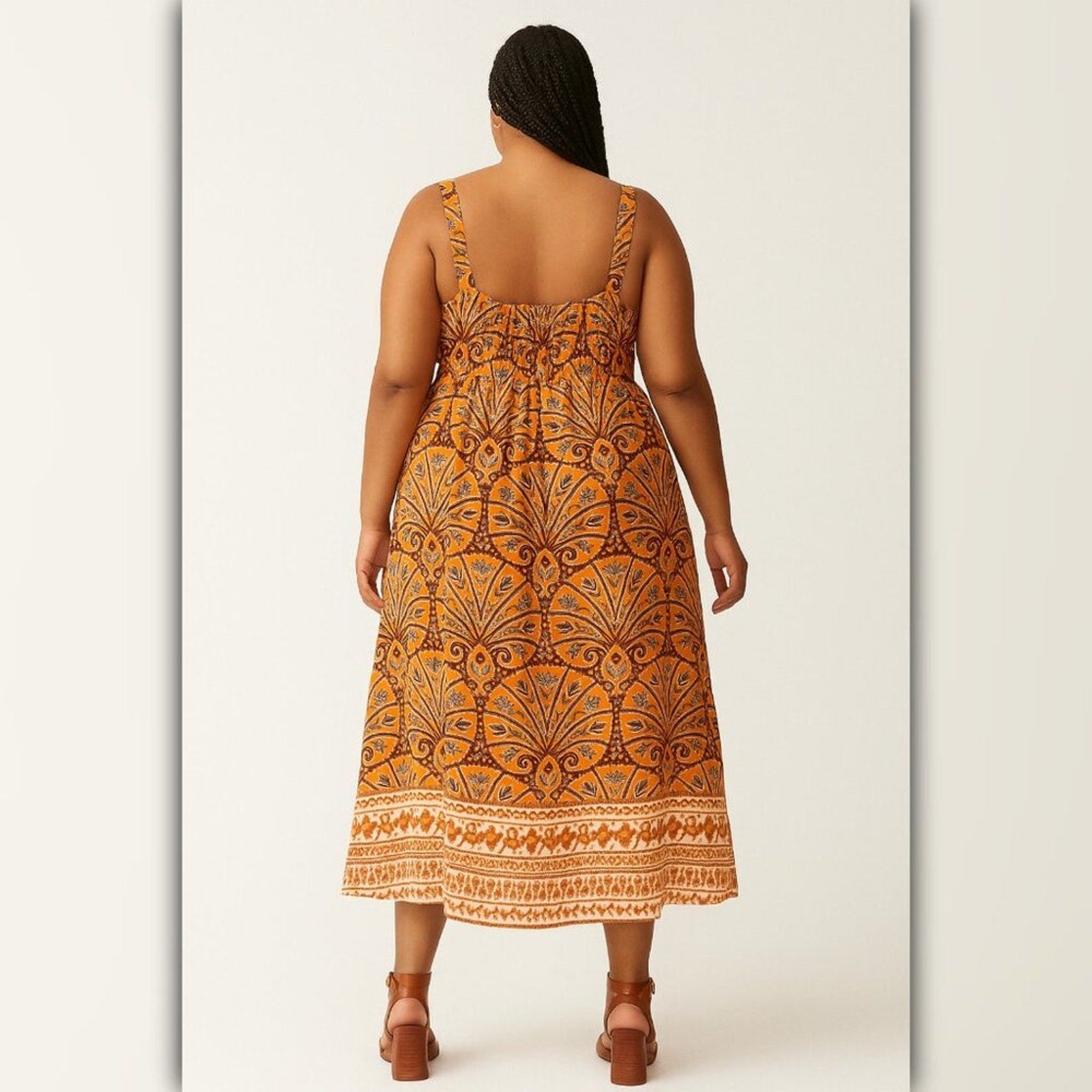 A465 • Boho Orange Paisley Border Print Midi Dress
