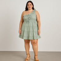 A040-A • Mint One Shoulder Ruffle Tiered Mini Dress