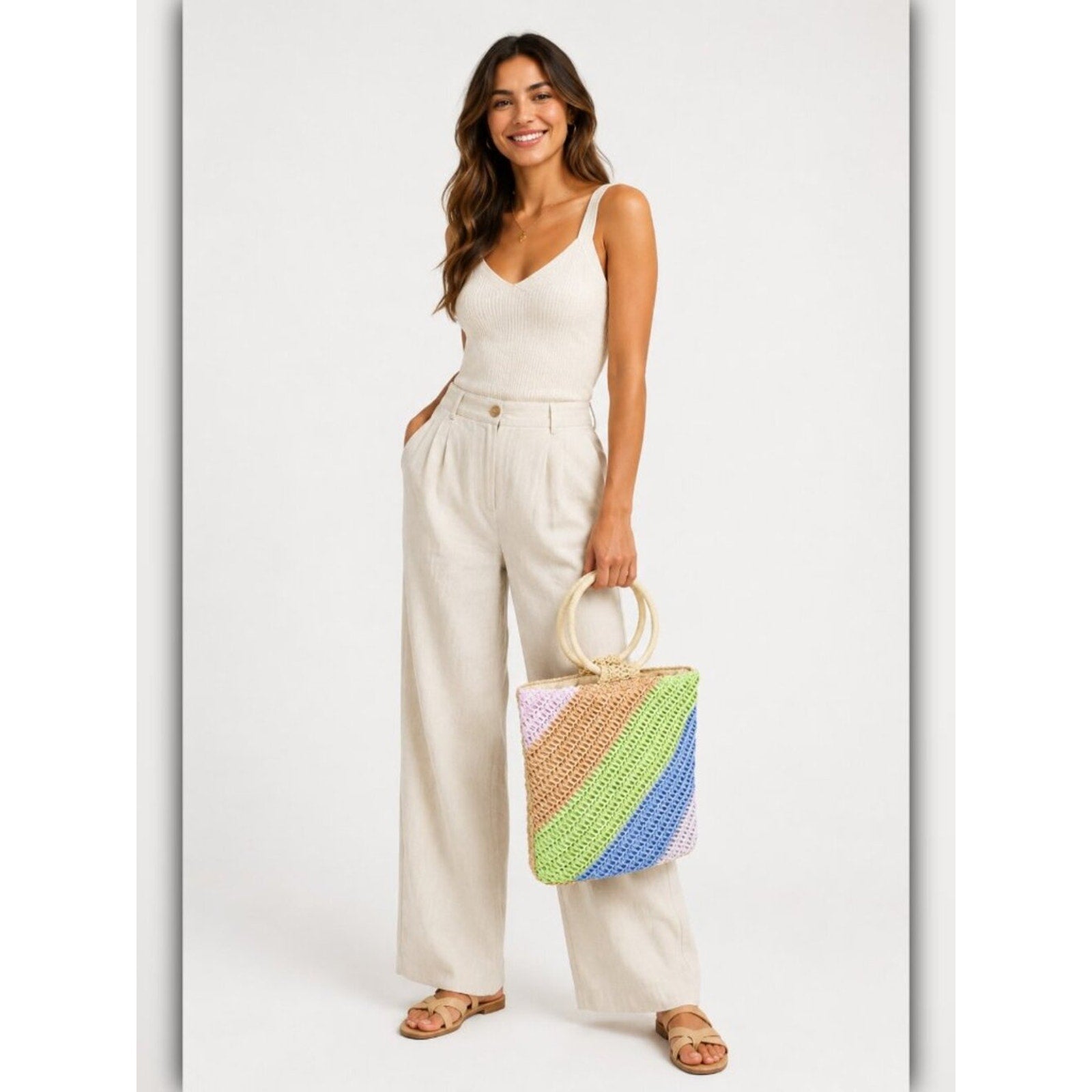 Woman holding a colorful woven bag against a white background