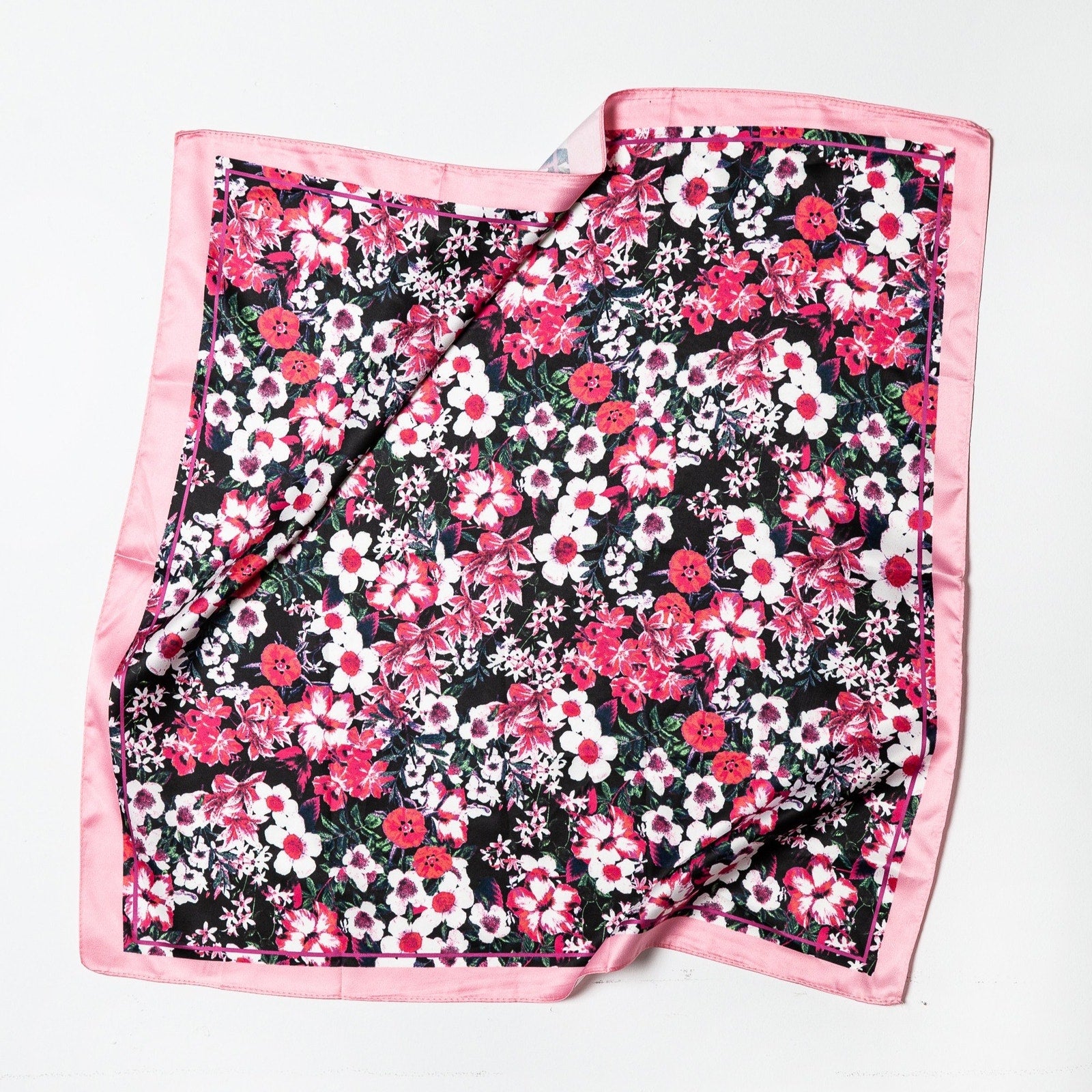 A218-Q • Midnight Garden Floral Silky Square Bandana Scarf