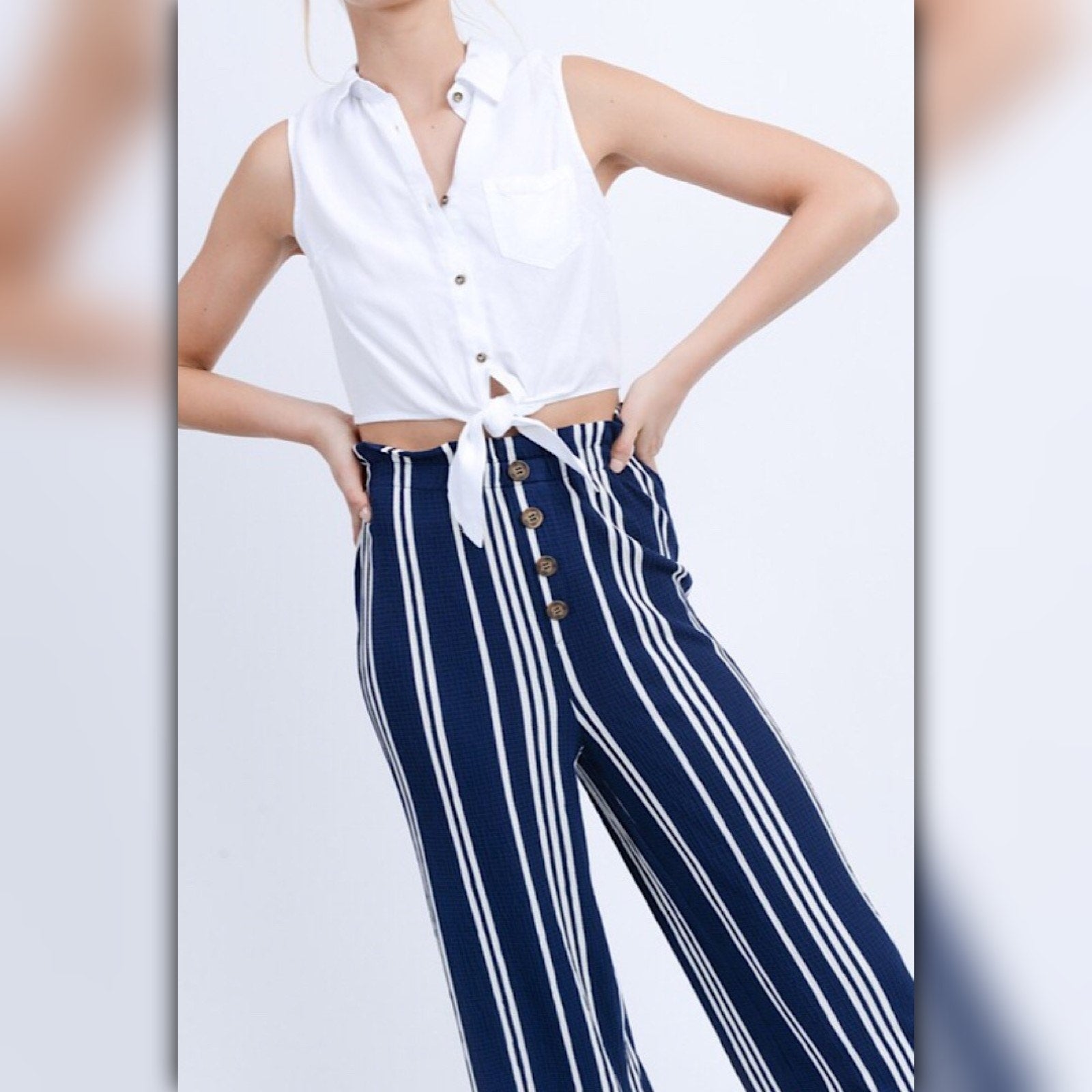 A587 • Navy Striped Wide Leg Cropped Pants