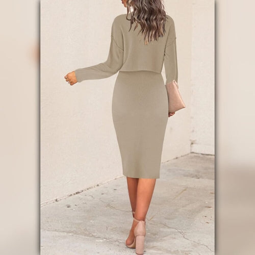 A553 • Sand Ribbed Long Sleeve Crop Top & Midi Skirt Set