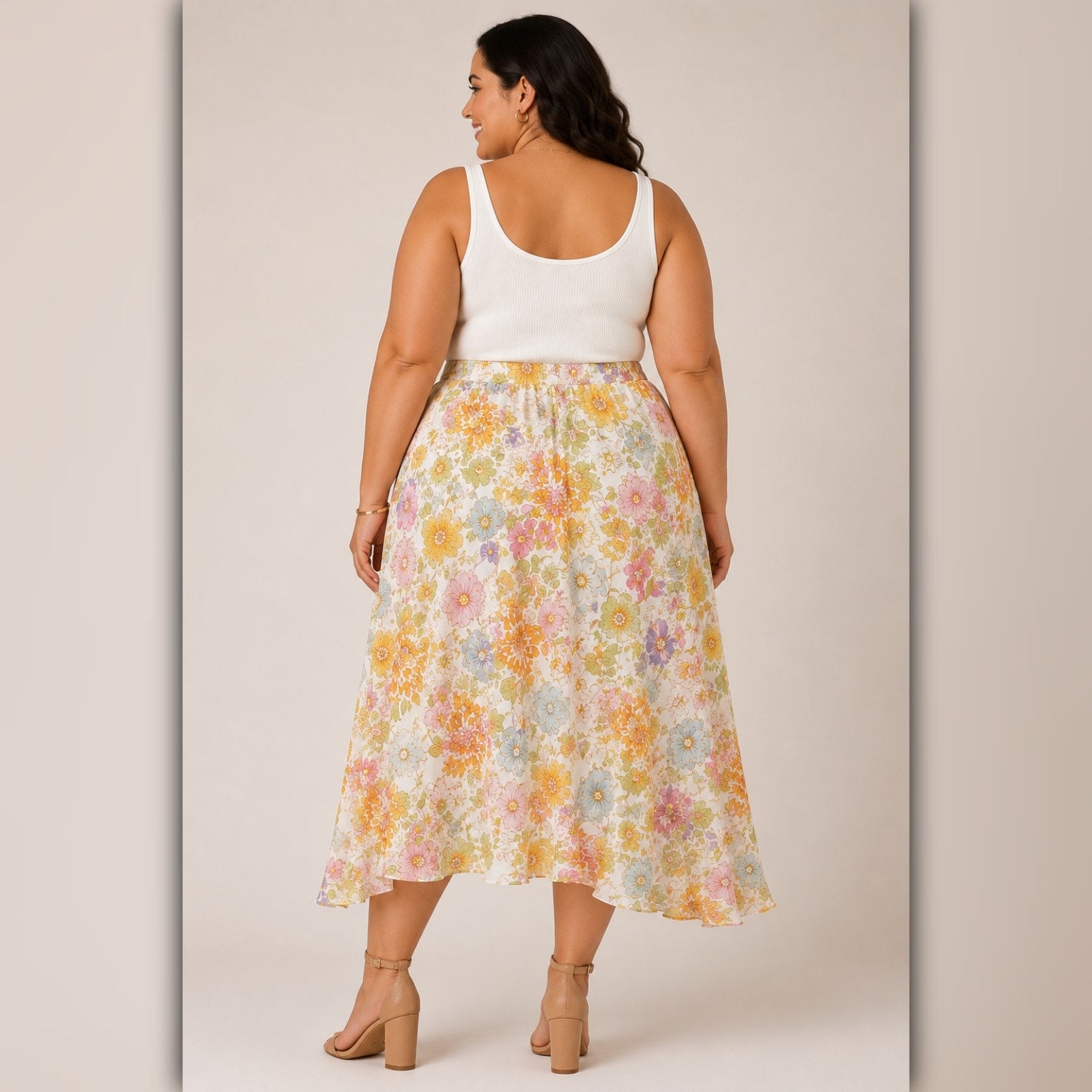 A286 • Yellow Floral High Low Ruffle Midi Skirt