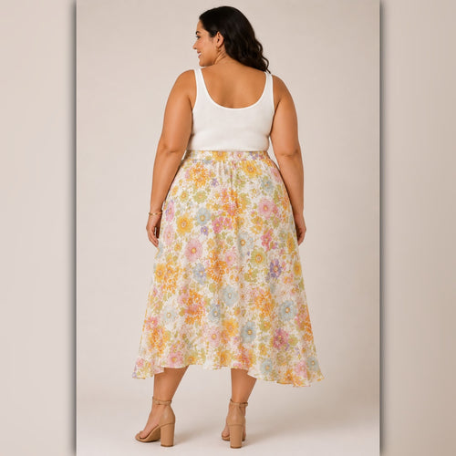 Woman wearing a white tank top and floral skirt on a plain background