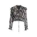 Zebra print blouse with ruffled details on a white background