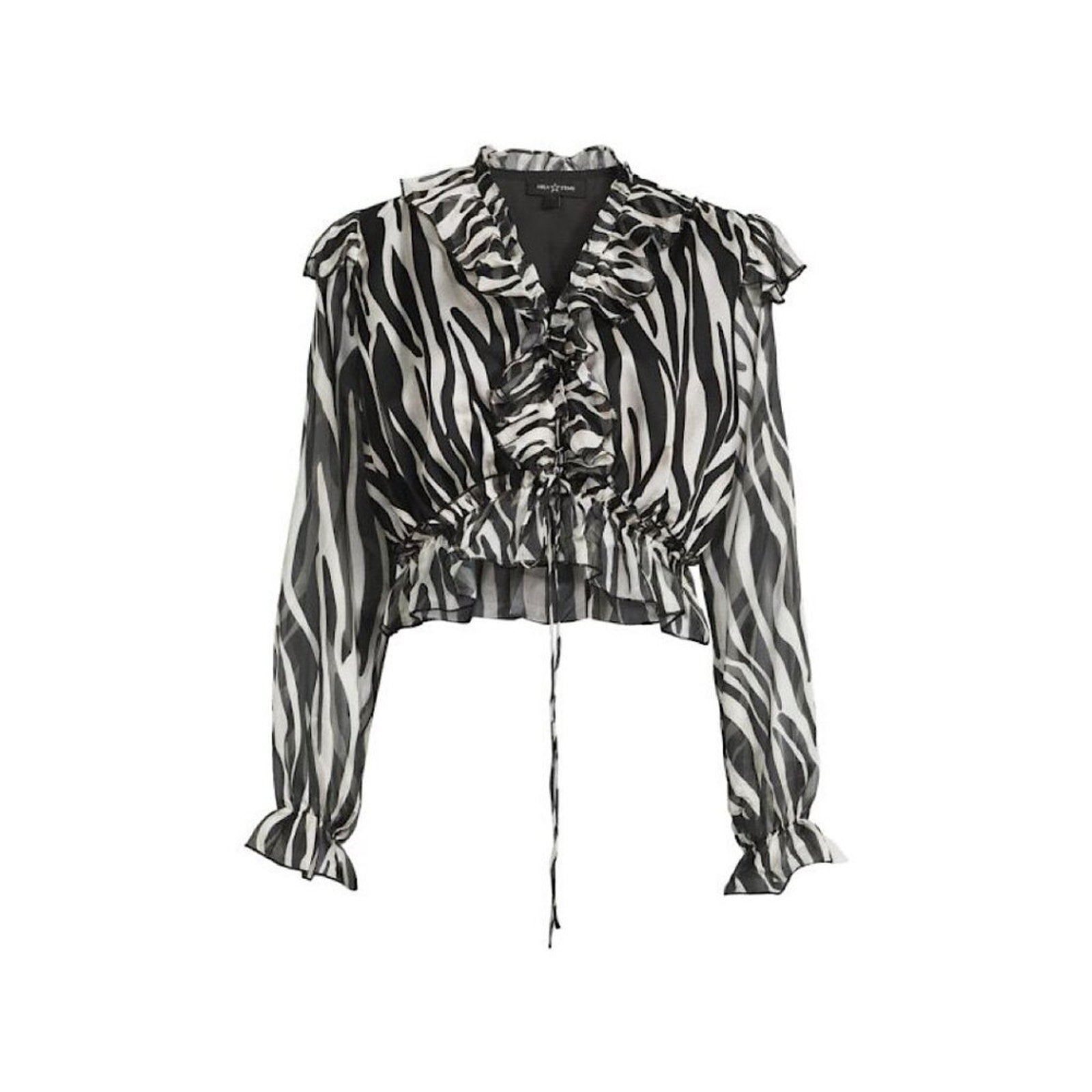 Zebra print blouse with ruffled details on a white background