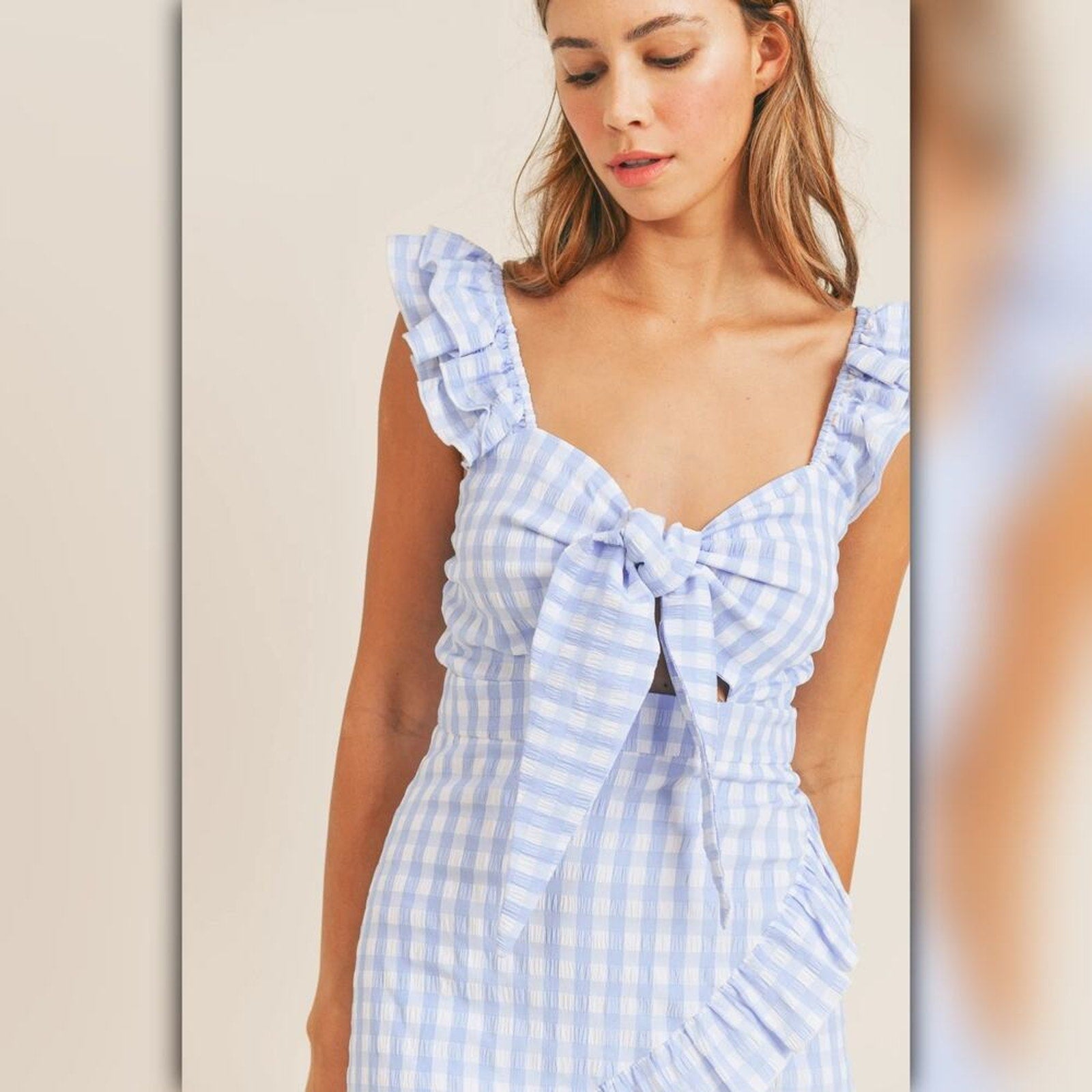 A151 • Mable Blue Gingham Ruffle Tie-Front Mini Dress