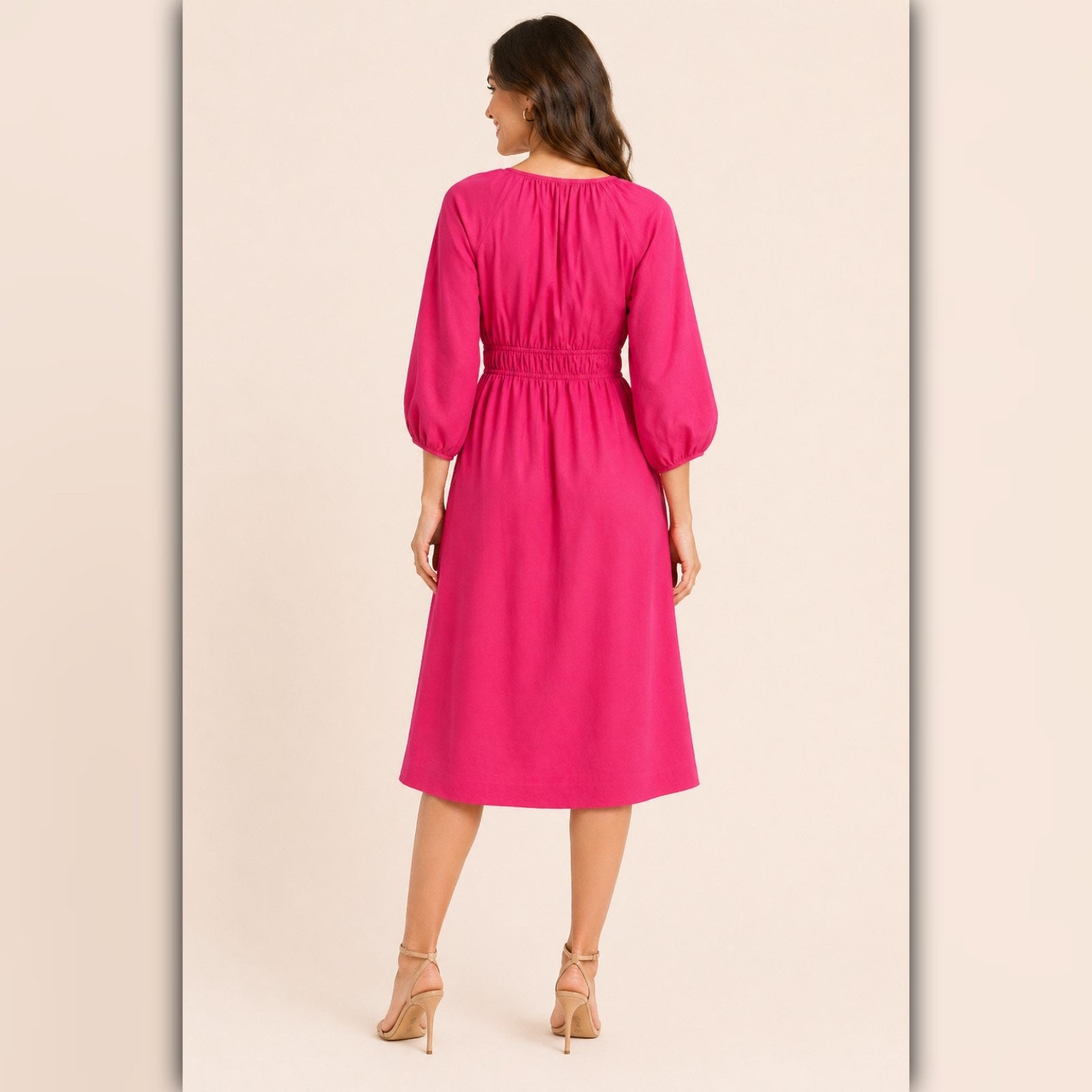 A336 • Hot Pink Smocked Waist Linen Blend Midi Dress